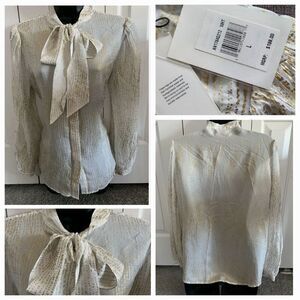 7 For All Mankind Women's White Gold Tie Neck Button Front Blouse Size Large